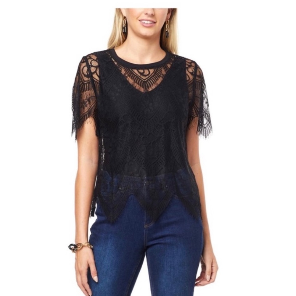 New Stretch Lace Shirt w/Scalloped Edge Sleeves